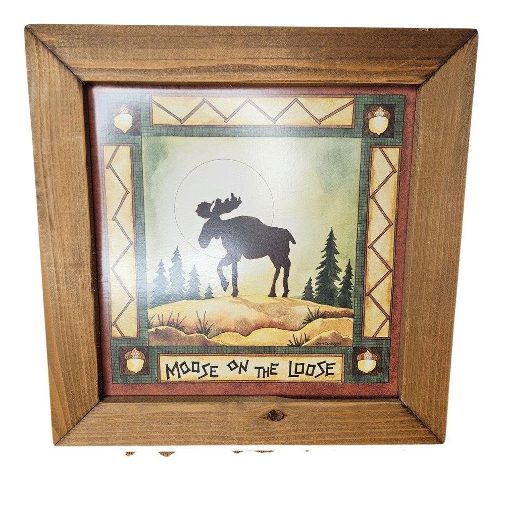 Beth Yarbrough Moose‎ on the Loose Framed Art Rustic Cabin Lodge Decor 12x12
